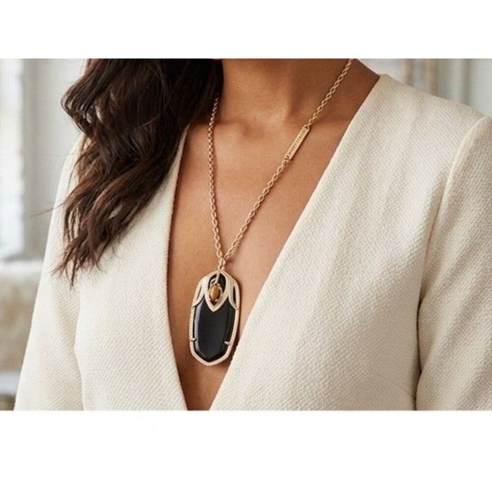 Kendra Scott Darby long Necklace Black  Gold Chain Y DESC